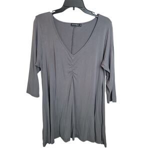 Zennilo Gray V-Neck Ruched Flowy 3/4 Sleeve Casual Top Women's Plus Size 1X
